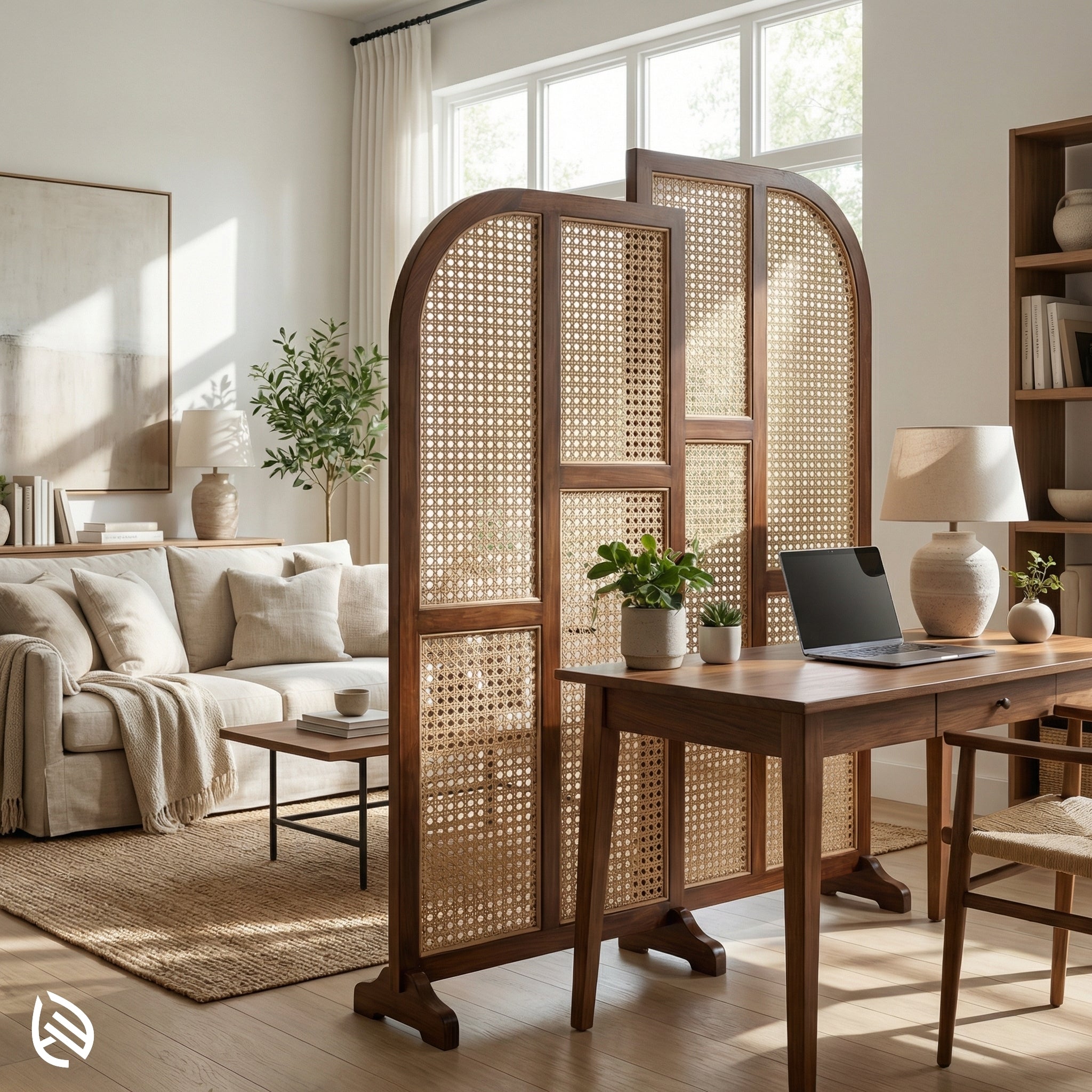 Wooden room divider in a living room with a desk and sofa