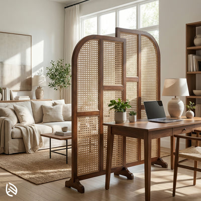 Wooden room divider in a living room with a desk and sofa