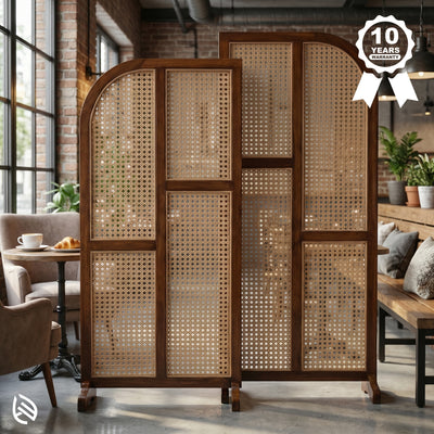 Woven room divider in a modern interior setting with a 10-year guarantee badge.
