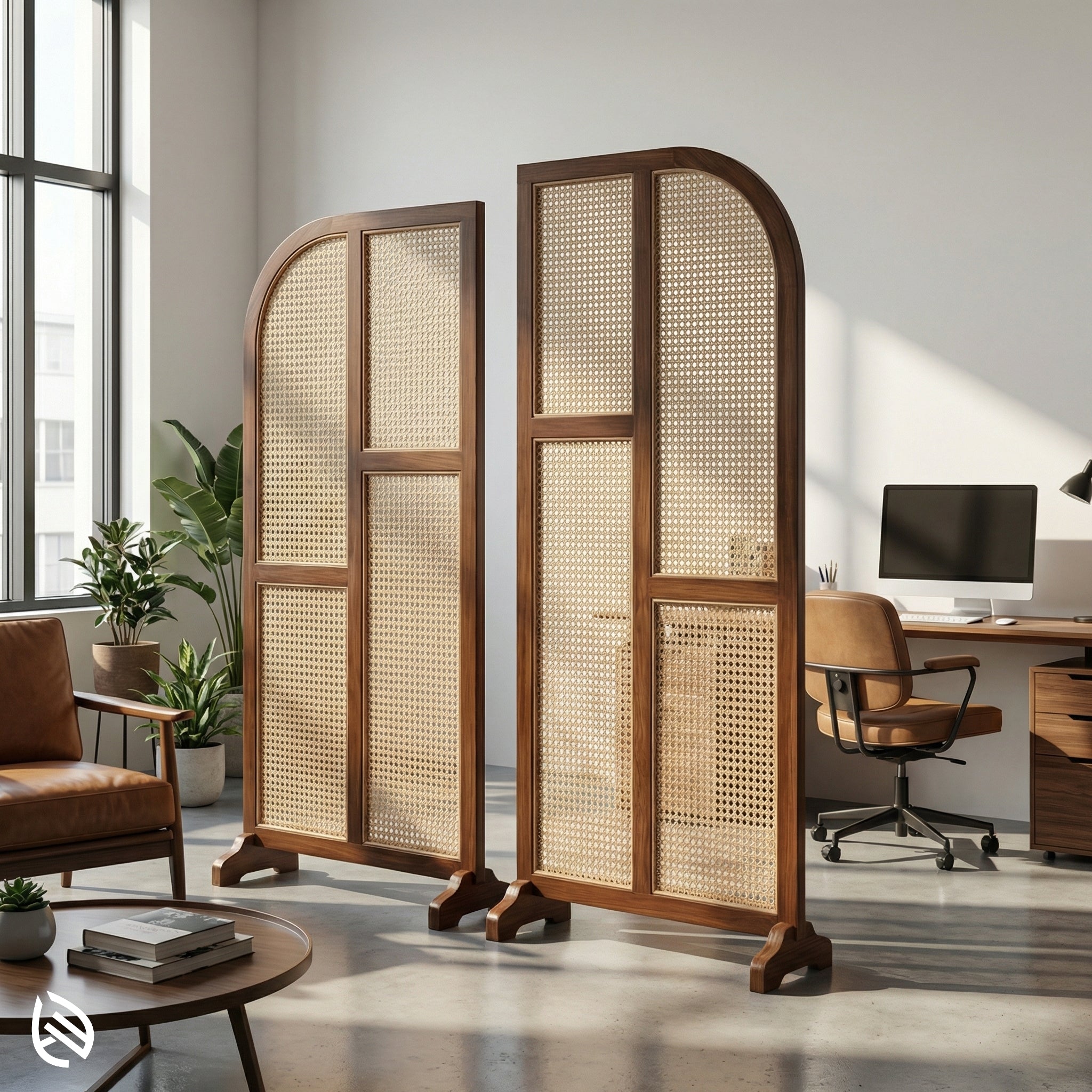 Wooden room dividers with woven design in a modern office setting.