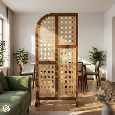 Wooden room divider with woven design in a living room setting