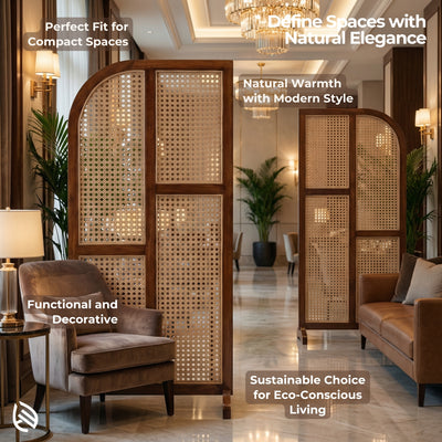 Room divider with wicker design in a stylish interior setting with furniture and decor.
