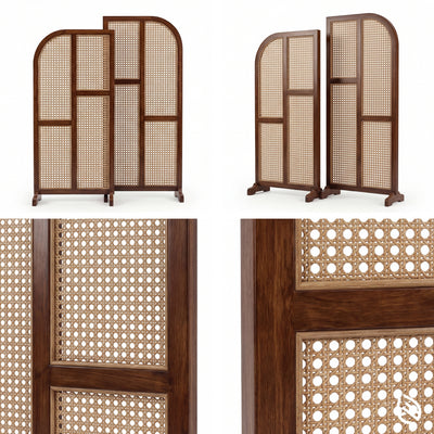 Wooden screen with woven design in four different views on a white background