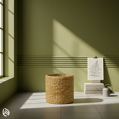 Eco-friendly round planter made from handwoven kauna grass, ideal for bedrooms, balconies, or living rooms