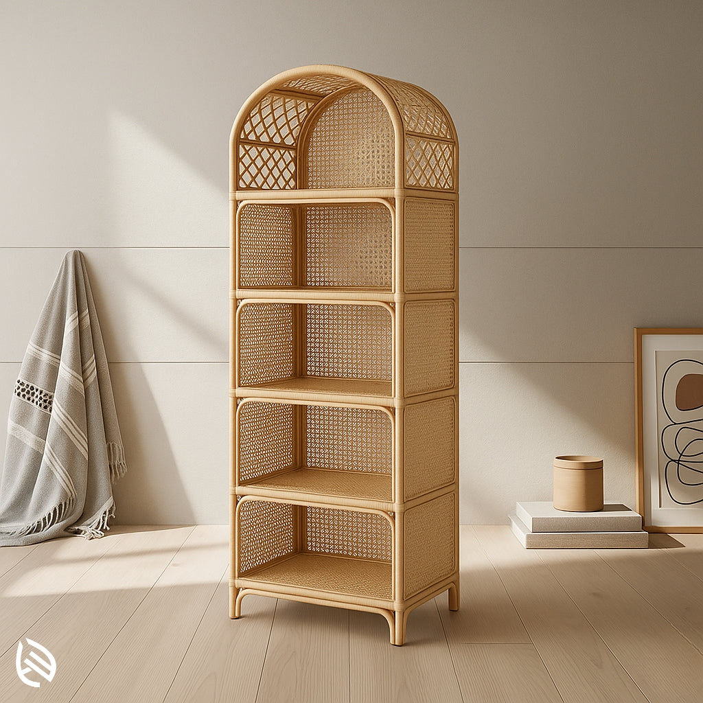 Arched five-tier natural rattan storage rack with cane weave design, ideal for organizing decor or essentials in modern living spaces