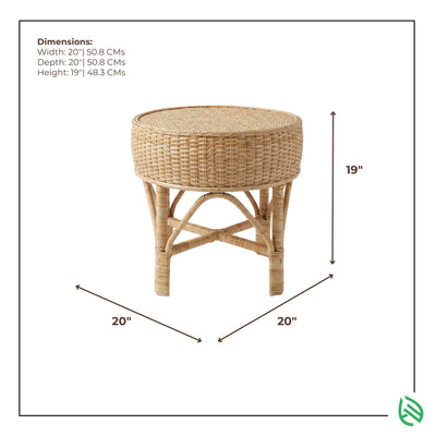 Wicker side table with dimensions on a white background
