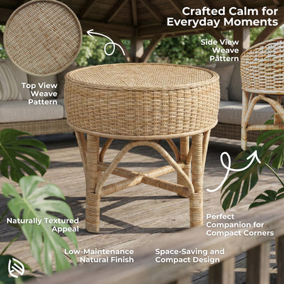 Wicker side table with text highlighting features on a patio setting