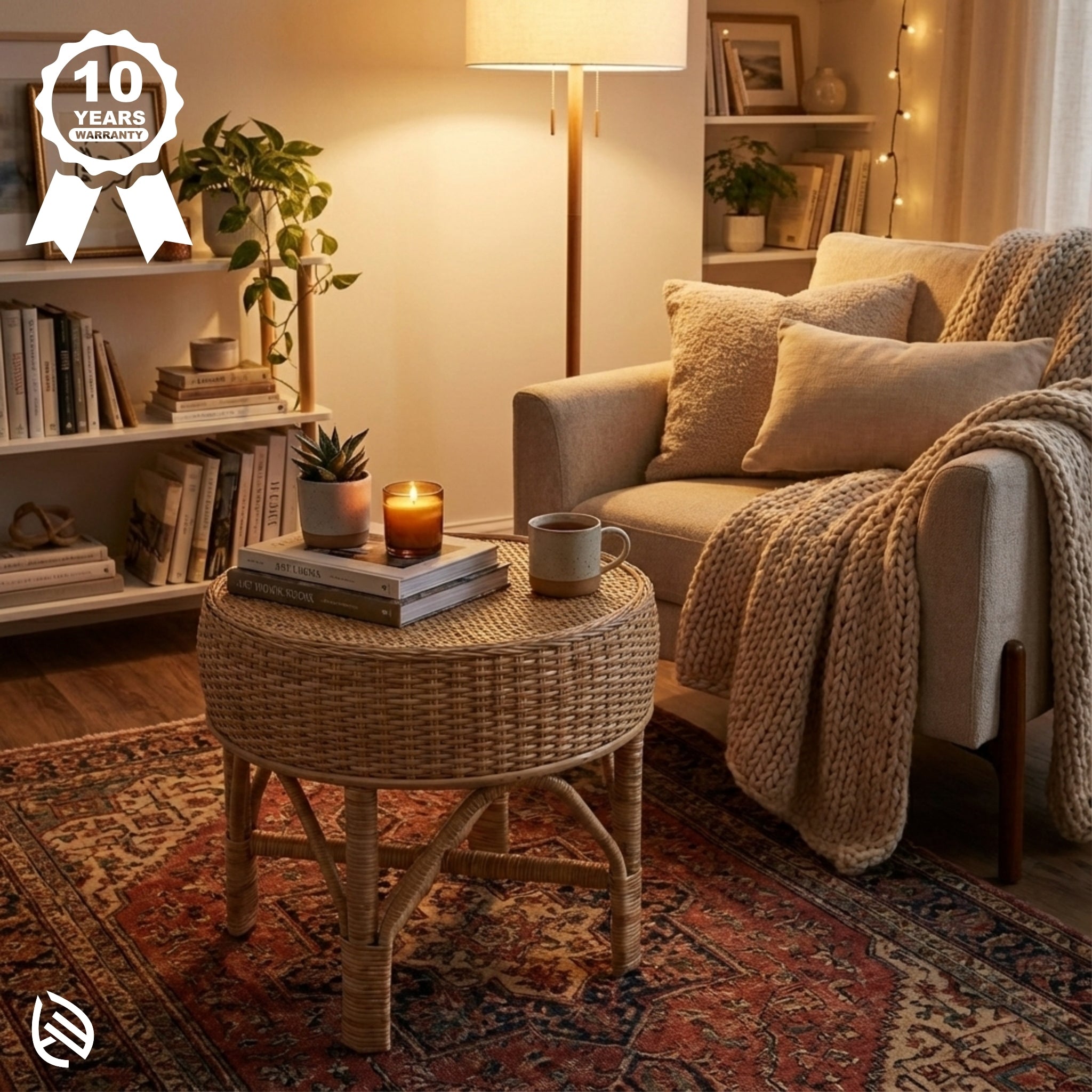 Cozy living room with a couch, coffee table, and decorative elements.