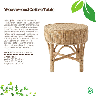 Weavewood Coffee Table with handwoven rattan top on a white background