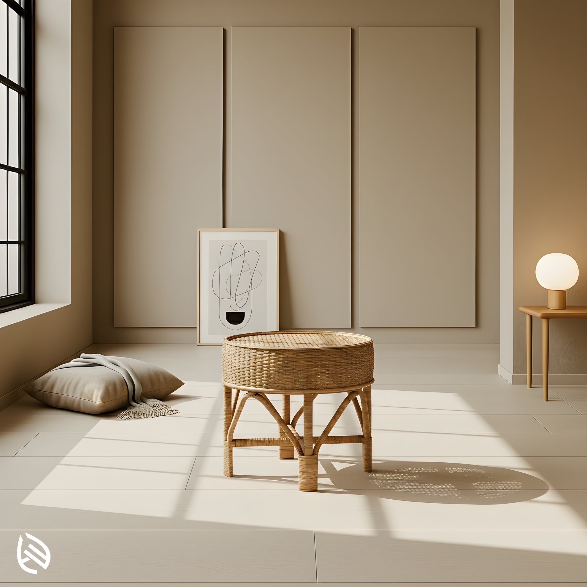 Weavewood Coffee Table by EarthNWe - round natural rattan center table with woven top and arched base in a minimal beige room.
