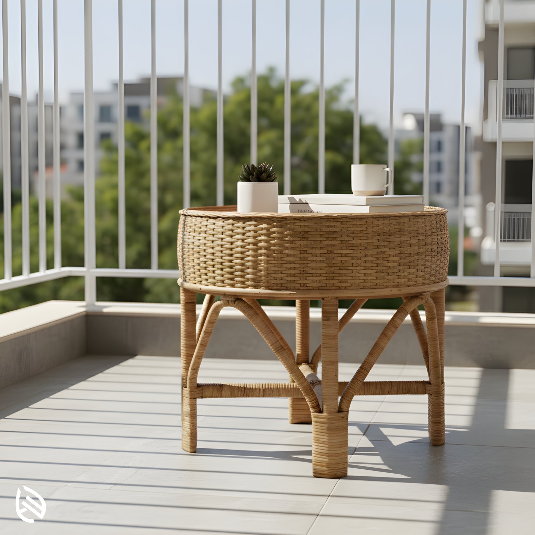 Round natural rattan Weavewood Coffee Table on a modern balcony - compact outdoor side table styled with mug and books.