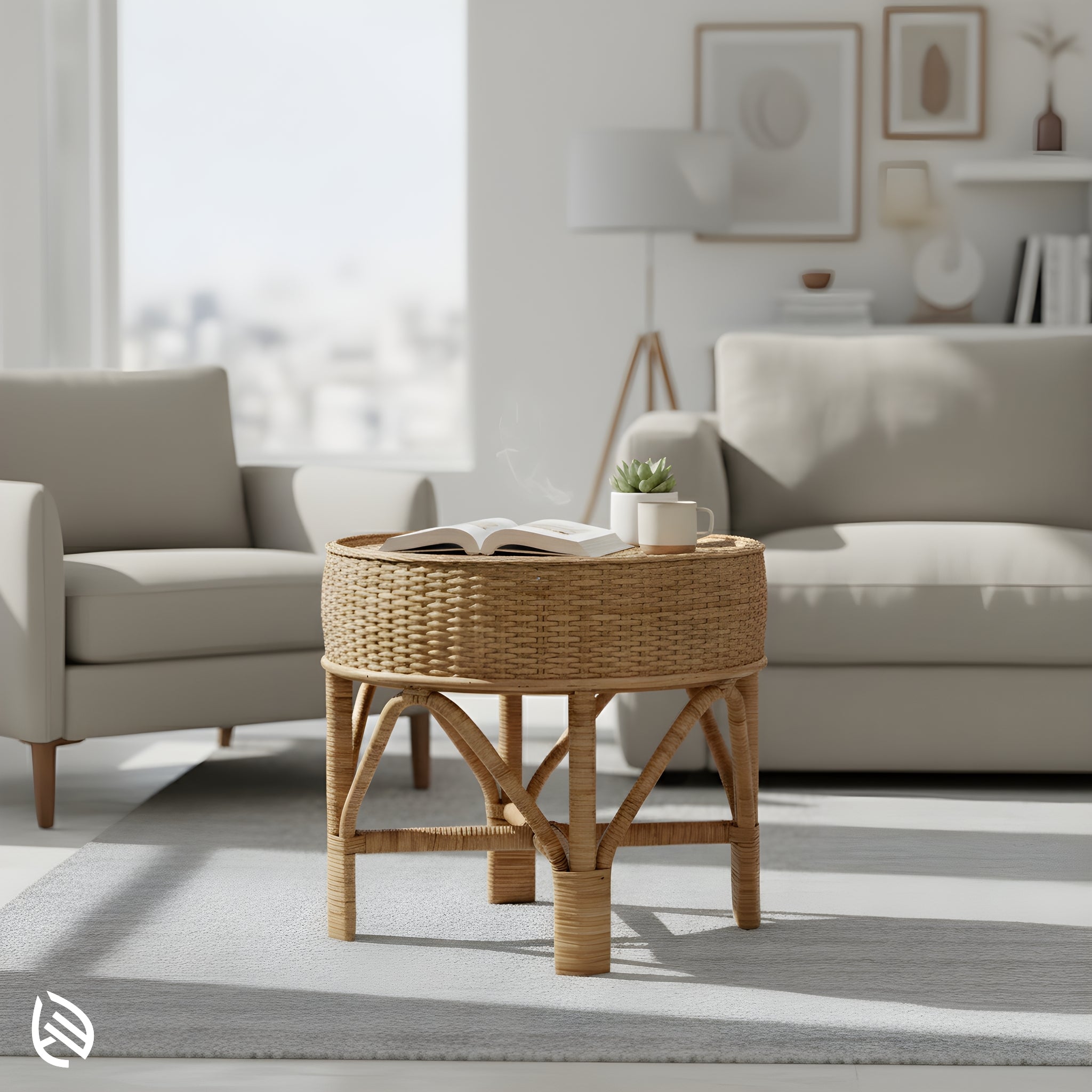Weavewood Coffee Table in a bright living room - handwoven round rattan center table paired with neutral sofa décor.