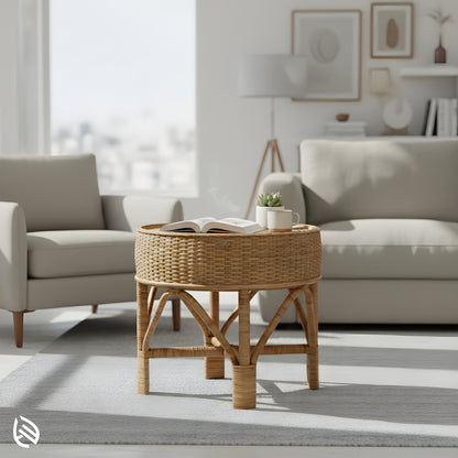 Weavewood Coffee Table in a bright living room - handwoven round rattan center table paired with neutral sofa décor.