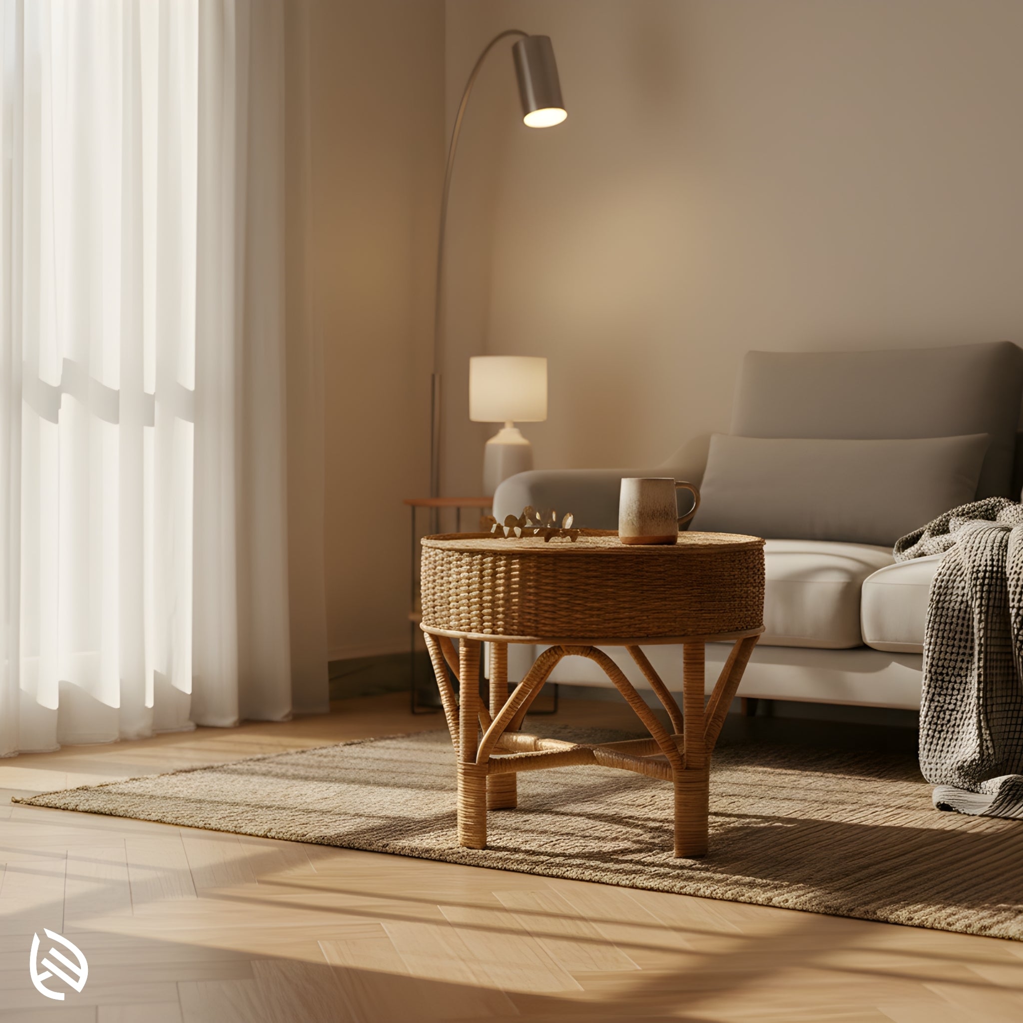 Cozy living space featuring the Weavewood Coffee Table - round handwoven rattan table beside sofa and floor lamp.