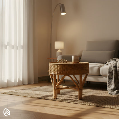 Cozy living space featuring the Weavewood Coffee Table - round handwoven rattan table beside sofa and floor lamp.