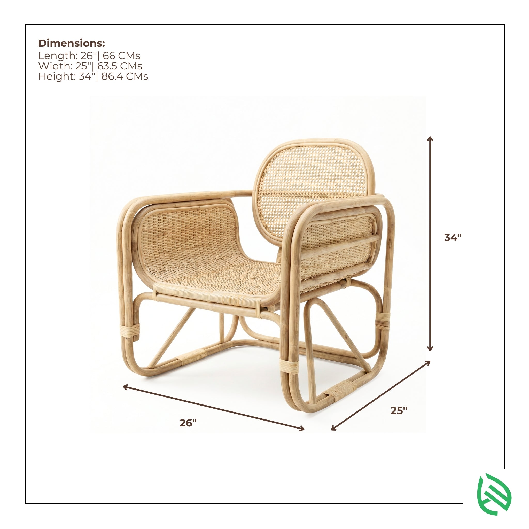 Wicker chair with dimensions labeled on a white background