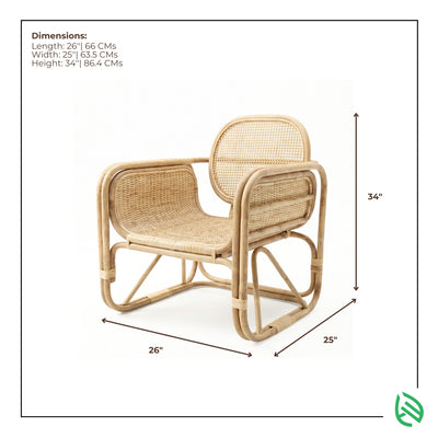 Wicker chair with dimensions labeled on a white background