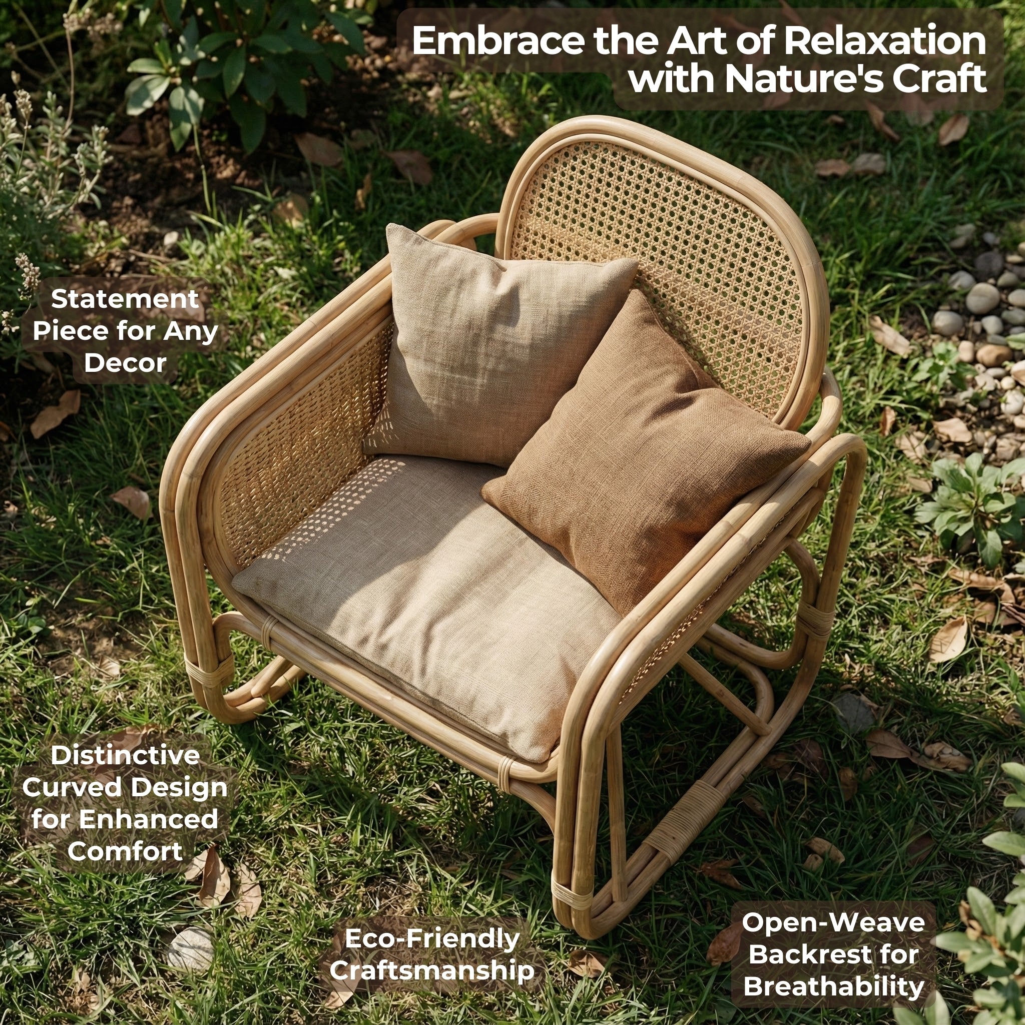 Wicker chair with cushions on grass, surrounded by nature, with text about the chair's features.