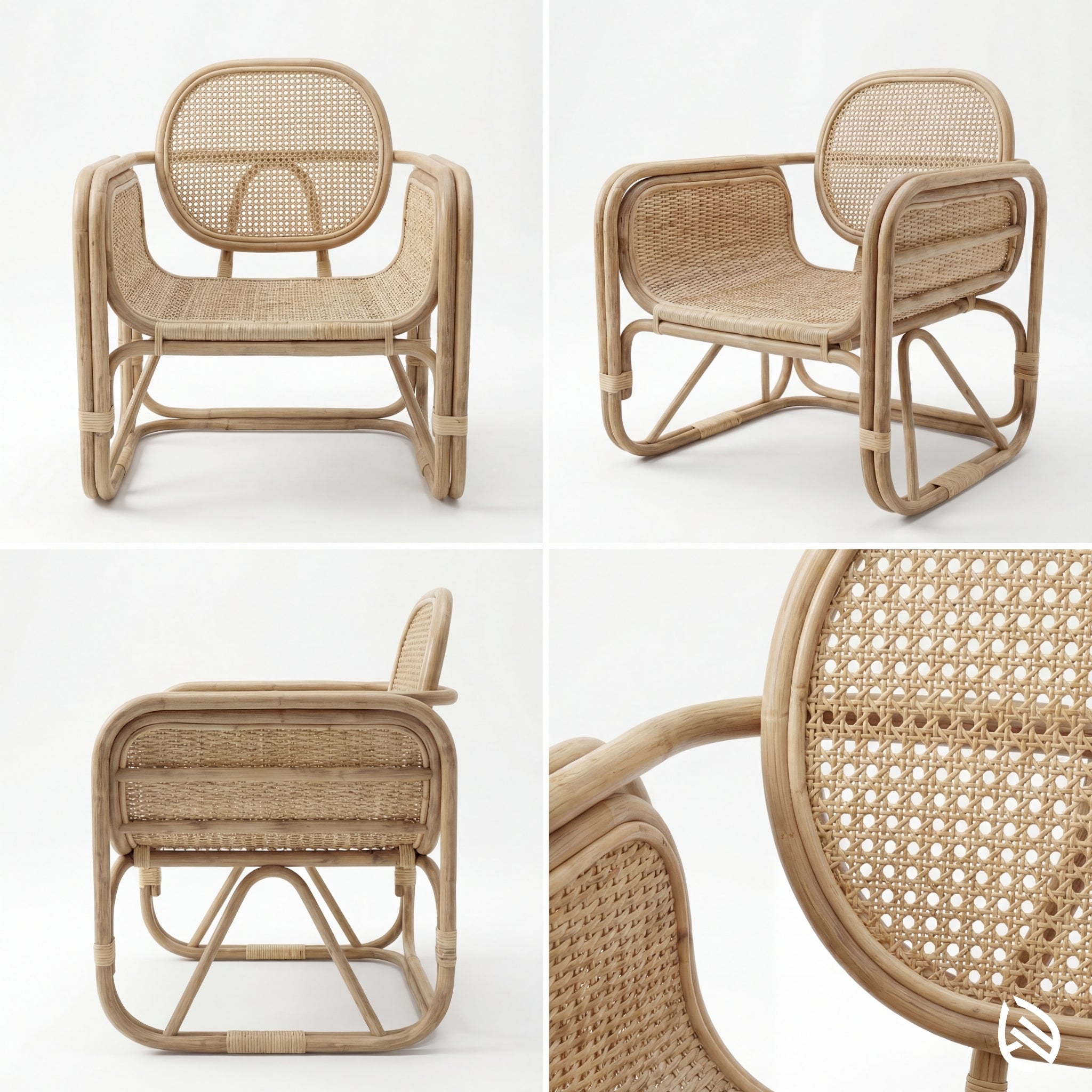Wicker chair shown from multiple angles on a white background