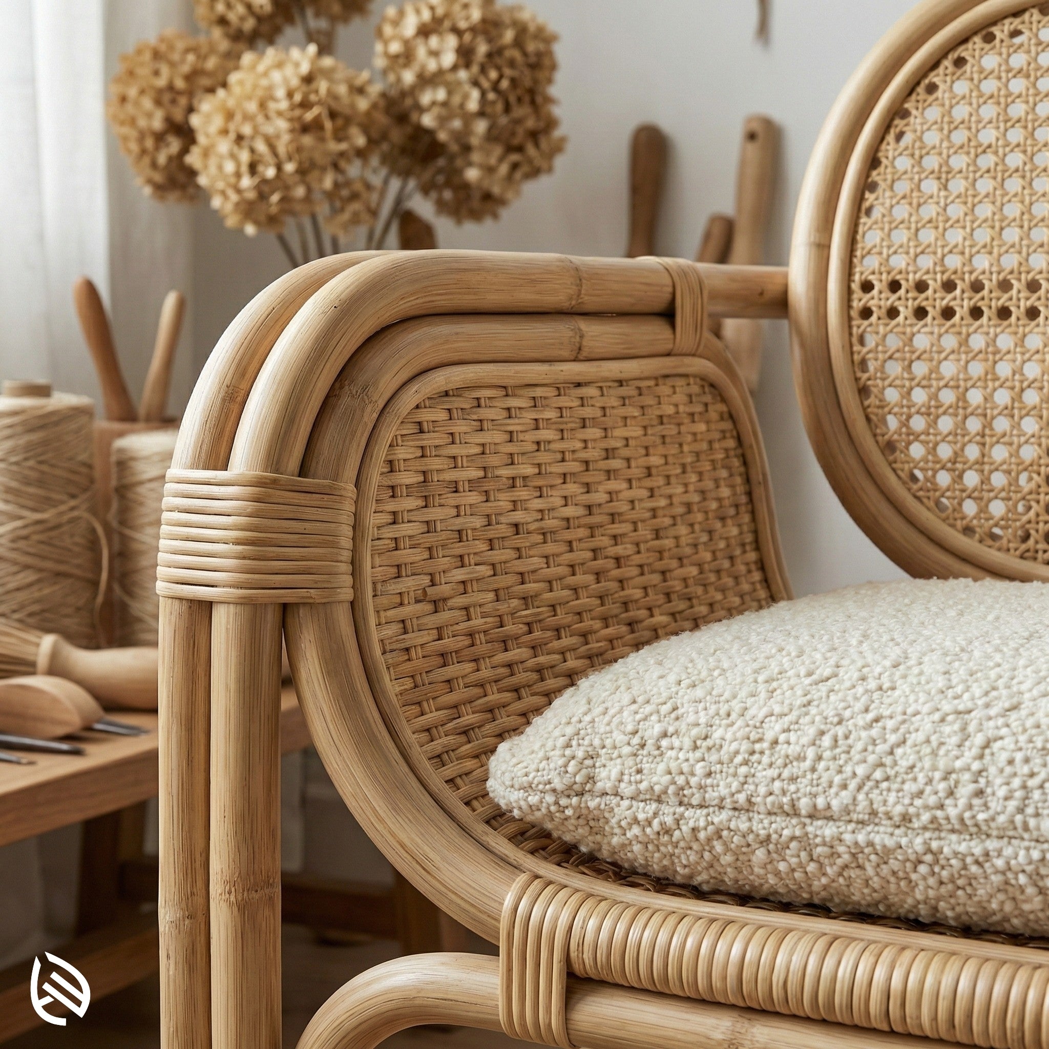 Close-up of a wicker chair with a textured cushion, surrounded by decorative items.