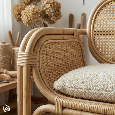 Close-up of a wicker chair with a textured cushion, surrounded by decorative items.