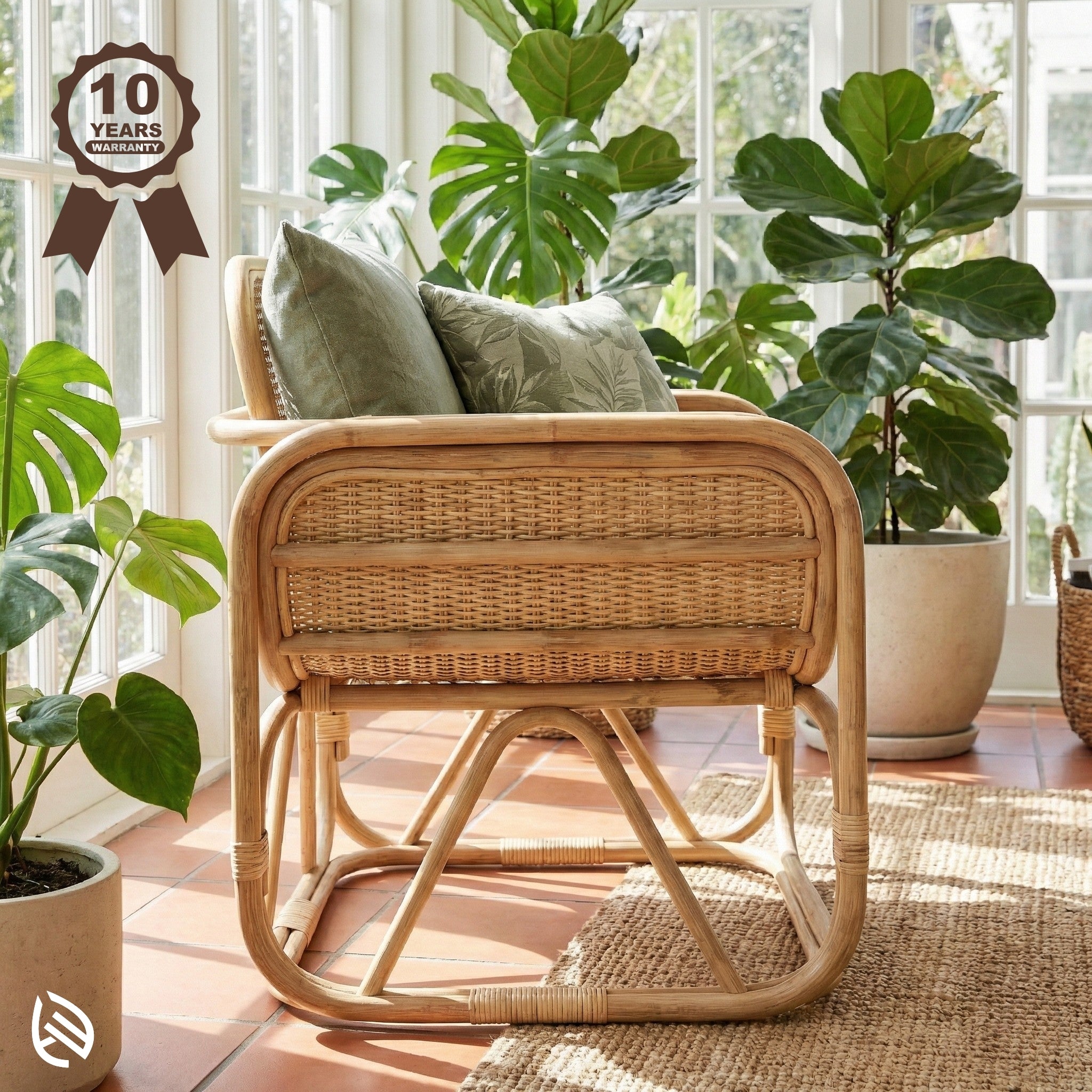 Wicker chair with green cushions in a sunlit room with plants