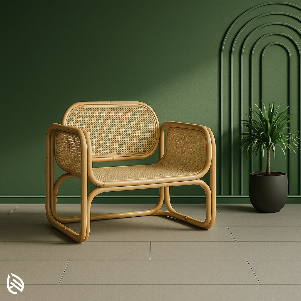 Single seater natural rattan bench with cane back and seat, perfect for balcony or indoor lounging
