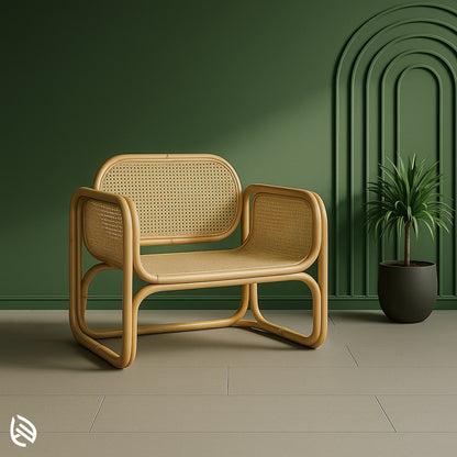 Single seater natural rattan bench with cane back and seat, perfect for balcony or indoor lounging
