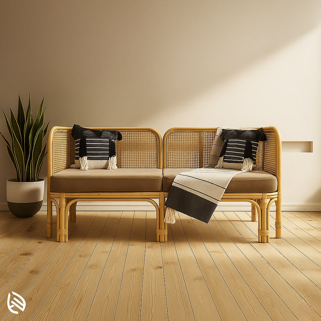 Handcrafted natural rattan three-seater sofa with woven cane backrest and beige cushions, perfect for modern living rooms and indoor lounges