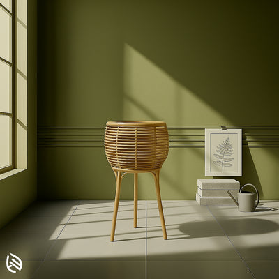 Short round planter with minimalist rattan weave on slender legs, ideal for small spaces and indoor plants