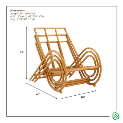 Wooden magazine rack with dimensions labeled on a white background