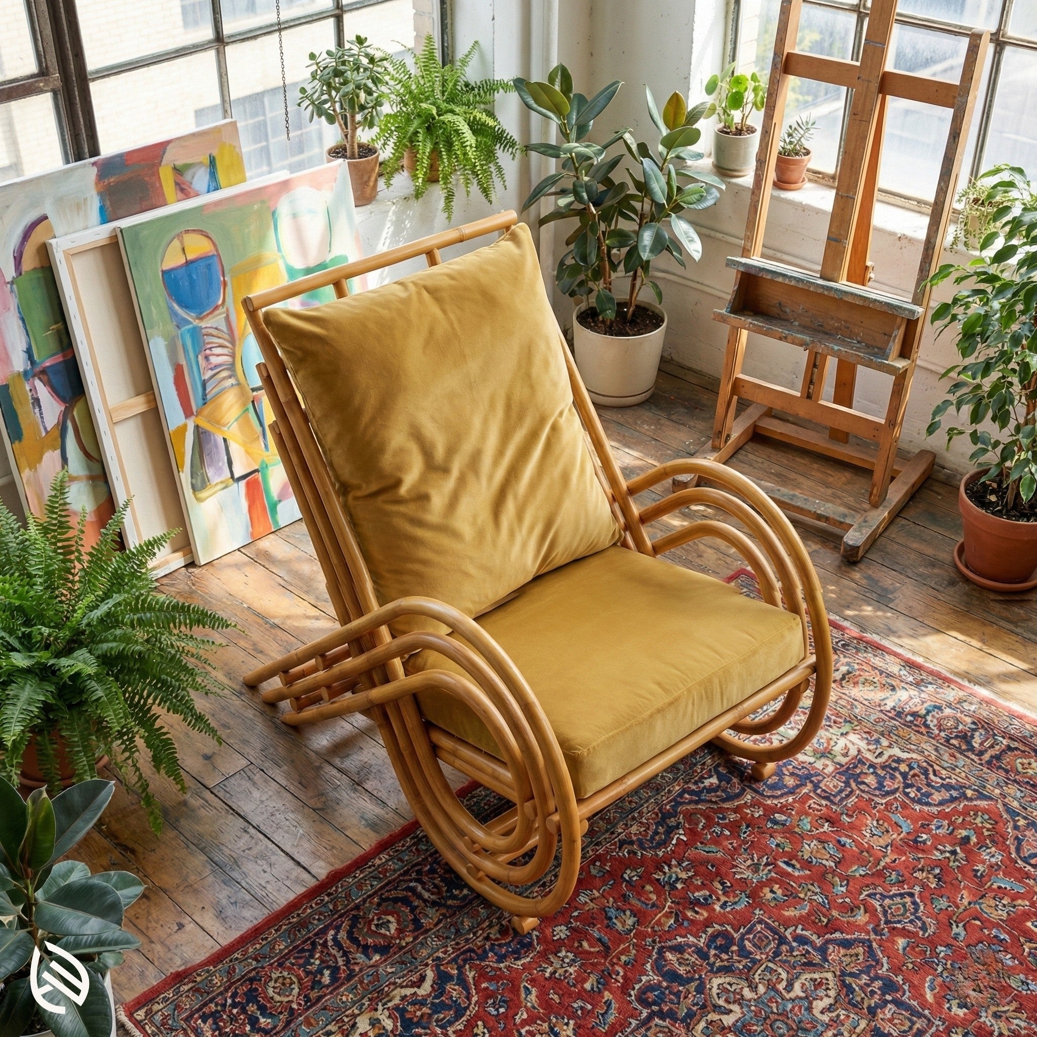 Yellow cushioned chair in a room with plants and artworks