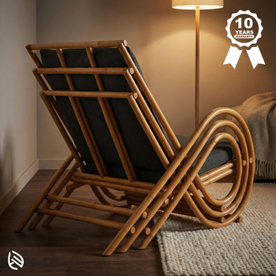 Wooden lounge chair with black cushion in a room setting, featuring a 10-year warranty badge.