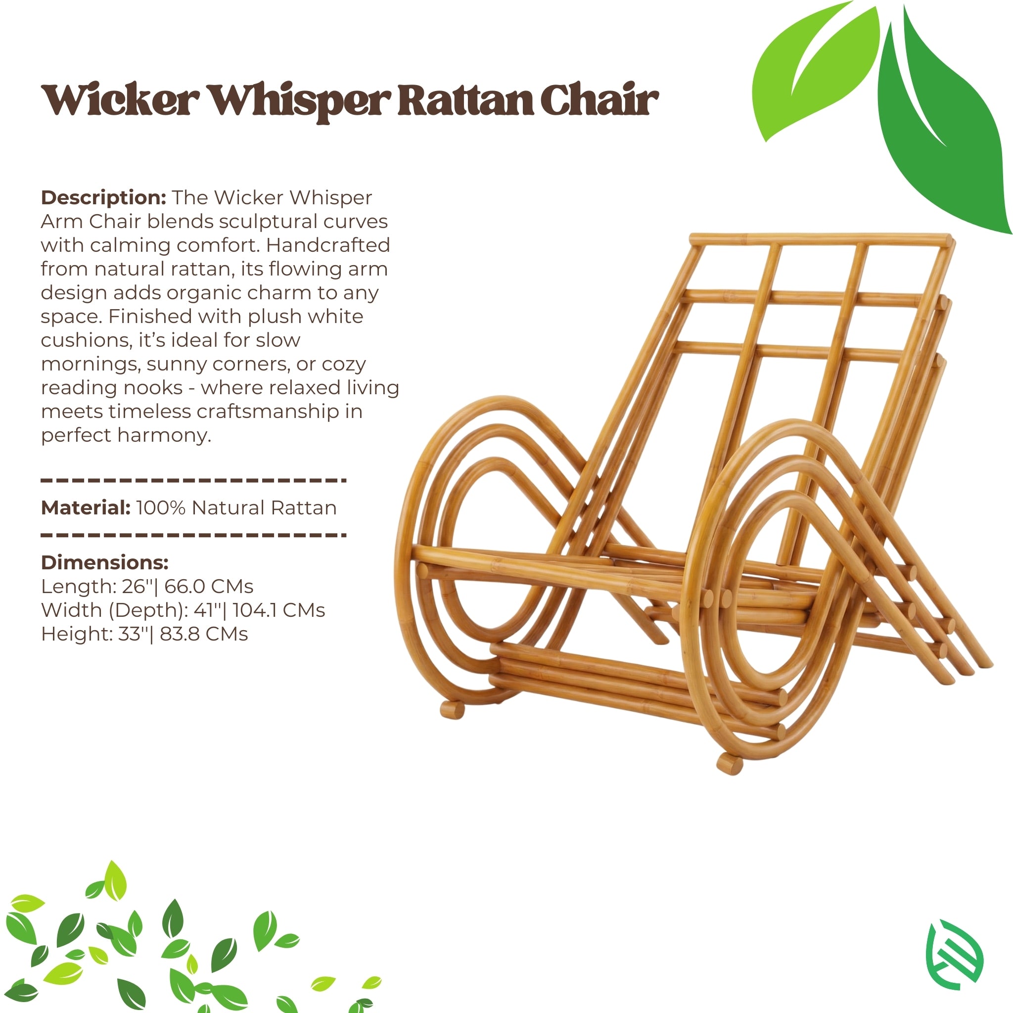 Wicker Whisper Rattan Chair with product description and specifications on a white background