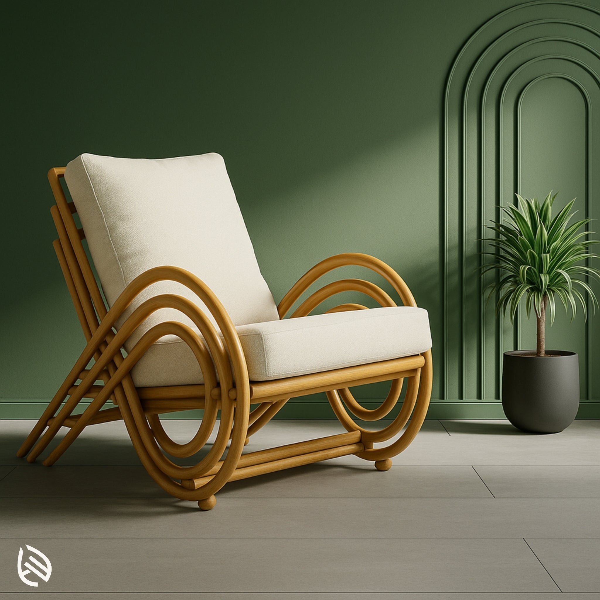 Wicker Whisper rattan arm chair with looped cane arms and white cushions in green living room