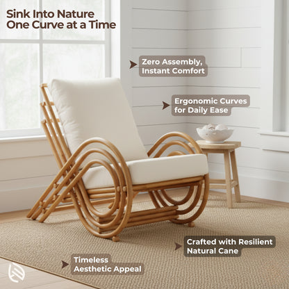 Rattan chair lifestyle shot with captions: zero assembly, ergonomic curves, natural cane