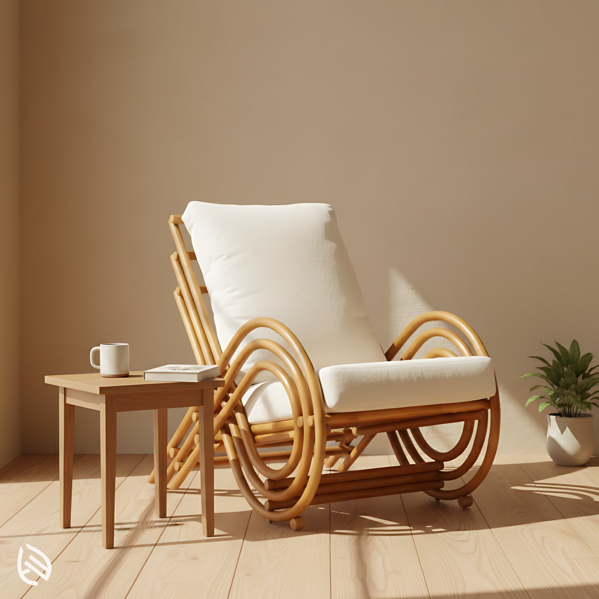 Natural rattan lounge chair with plush white cushions beside wooden side table