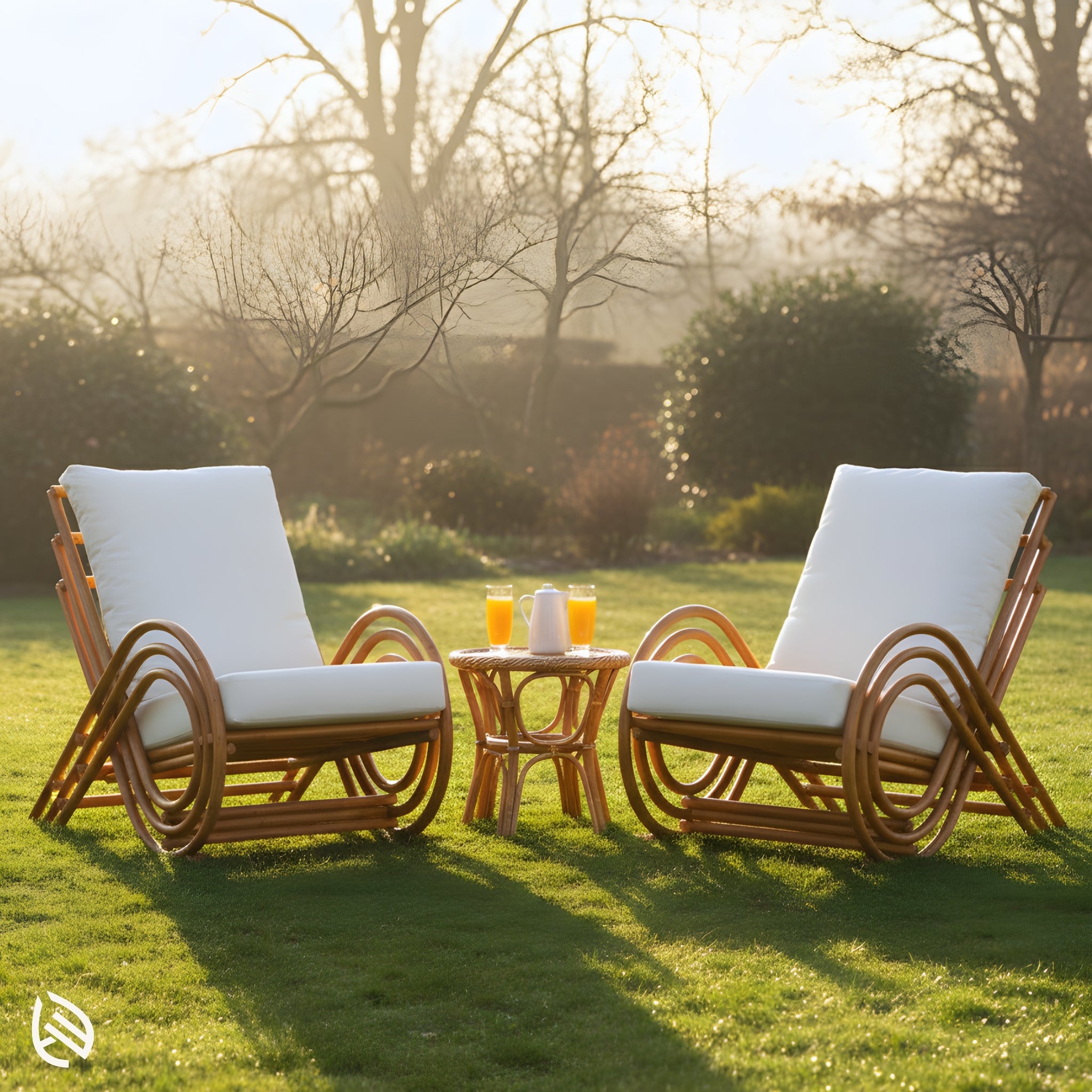 Pair of rattan arm chairs with white cushions styled outdoors on lawn