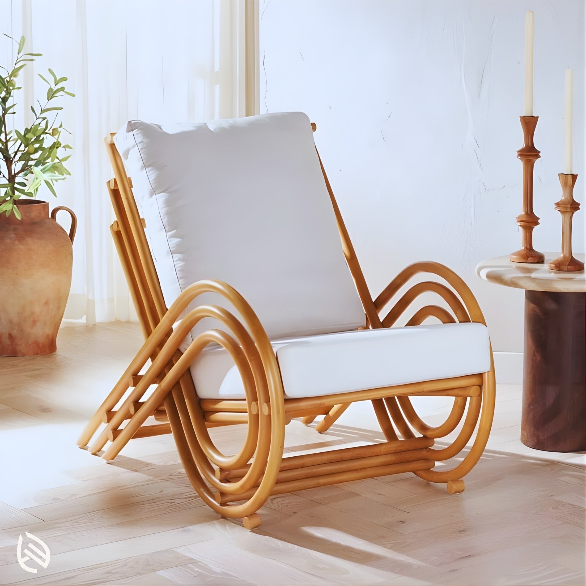 Curved rattan cane chair close-up showing ergonomic loop design and cushion