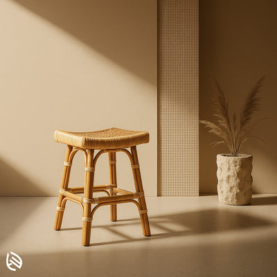 Tall handcrafted rattan bar stool with woven saddle seat and curved legs, great for kitchen counters or high tables