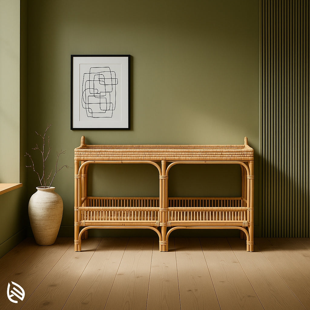 Handcrafted natural rattan console table with twin open shelves and rounded detailing, ideal for home décor display