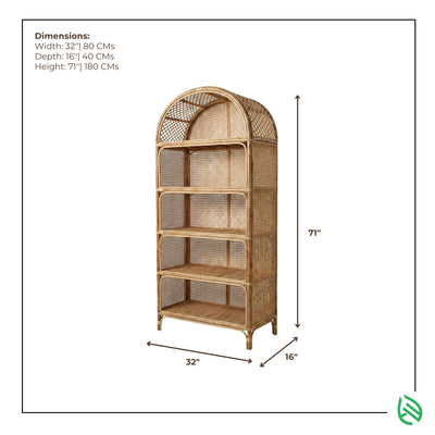 Rattan bookshelf with dimensions indicated on a white background