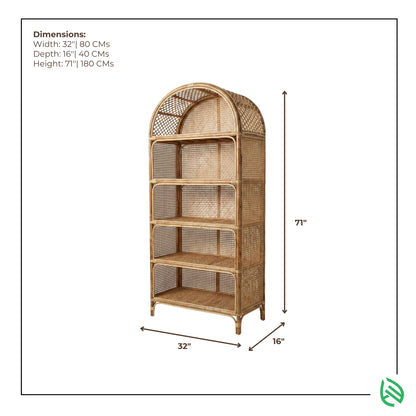 Rattan bookshelf with dimensions indicated on a white background