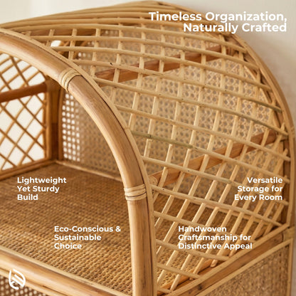 Woven rattan shelf with text highlighting features on a neutral background