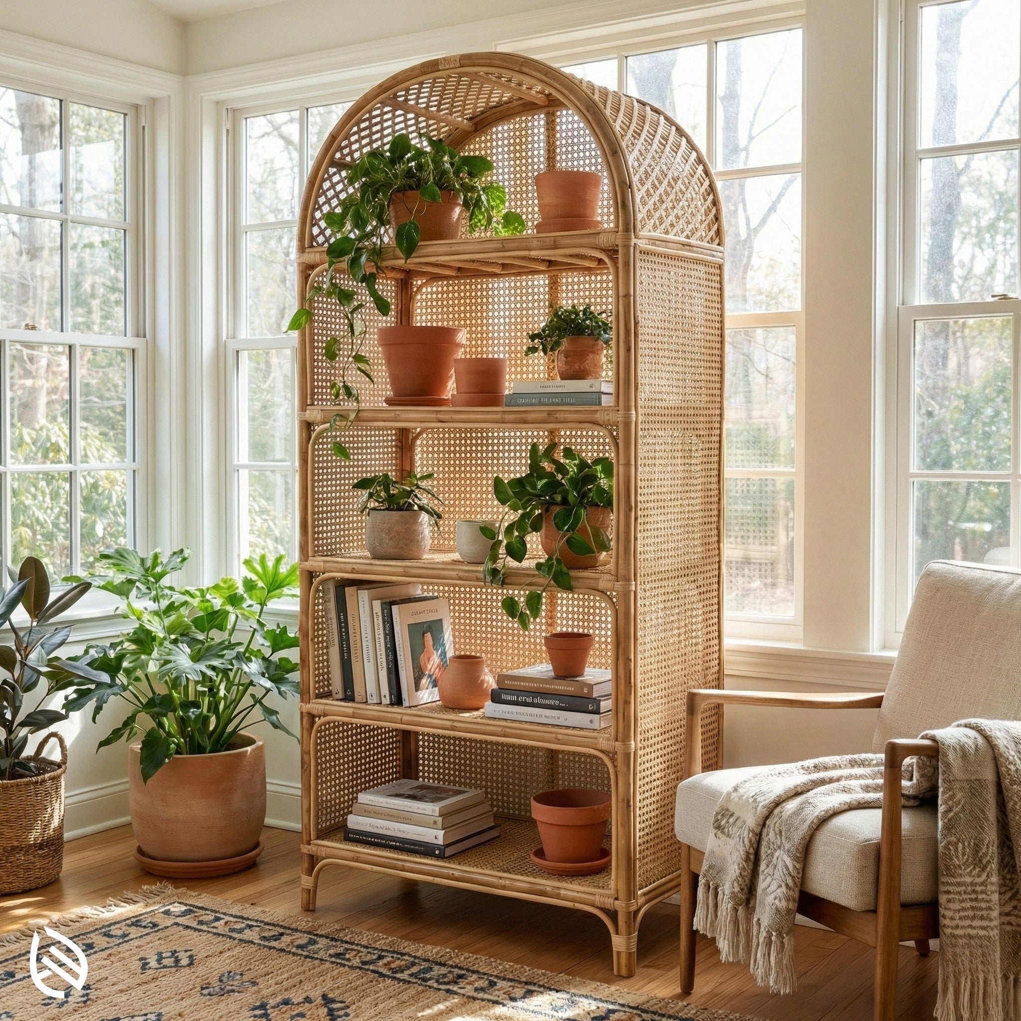 Wicker bookshelf with plants and books in a sunlit room