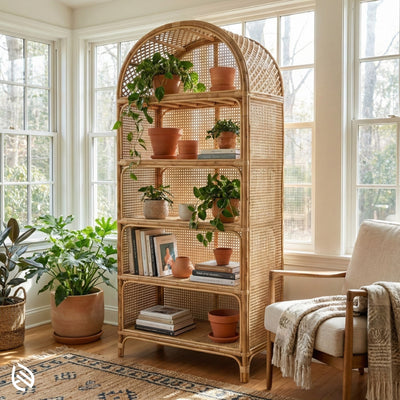Wicker bookshelf with plants and books in a sunlit room