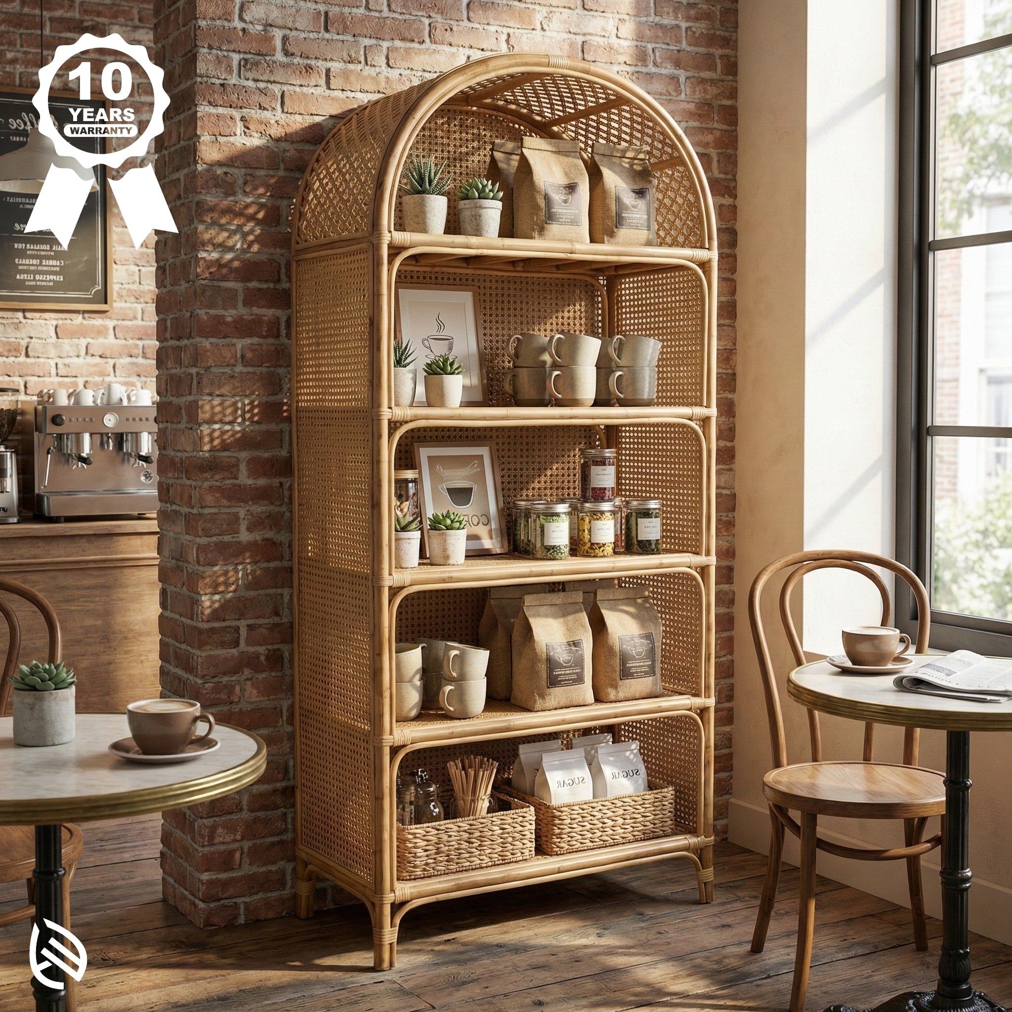Wicker bookshelf in a cozy room with a brick wall and table.