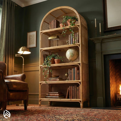 Wicker bookshelf in a cozy room with a lamp and armchair.