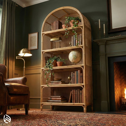 Wicker bookshelf in a cozy room with a lamp and armchair.