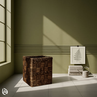 Square basket-style planter made from dark-toned water hyacinth, perfect for rustic or contemporary decor themes